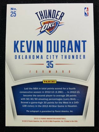 Kevin Durant 2012 - 13 Panini Innovation Gold Ink Holo SP Auto 14/25 2