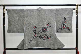 Vintage Silk Kimono Jacket:fully Shibori Black Plum Blossom@yx26