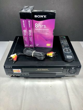 Sony Slv - N50 Hifi Stereo Vhs Vcr Player Remote And Av Cables 3 Blank Vhs Tapes