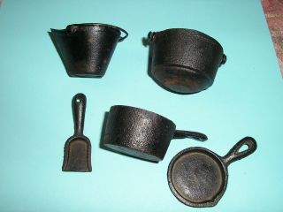Vintage Miniature Cast Iron Cooking Pots And Pans,  Coal Scuttle & Shovel