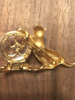 Signed Vintage GOLD CROWN Cat Brooch With Fishbowl In Gold Tone 2