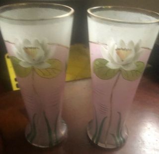 Vintage Hand Painted 2 Drinking Glasses Set Flowers 6 Inches Tall