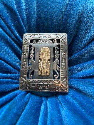 Vintage Sterling Silver 925 And 18k Gold Pin,  Peruvian,  Mayan Or Aztec Warrior