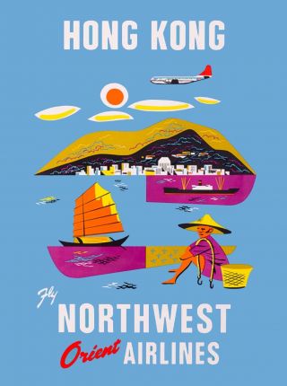 Hong Kong Fly Northwest Airlines Orient China Asia Vintage Travel Poster Print