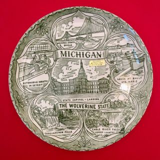 Vintage Souvenir Plate 9 " Michigan Autos Detroit Locks Falls Bridge Capital Nos