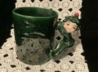 Vintage 1950’s Christmas Elf On A Mug Lefton Green Pine W/ Label