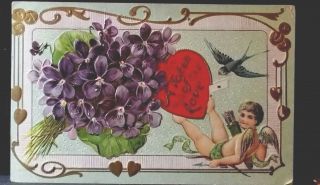 A Token Of Love 1910 Vintage Valentine Post Card Forget Me Nots Cupid Bluebird