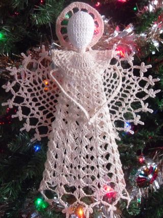 Vintage 11 " Tall Crochet Starched / Stiff Angel Off White Christmas Tree Topper