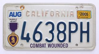 California Purple Heart Combat Wounded License Plate 4638 Ph,  Veteran,  Military