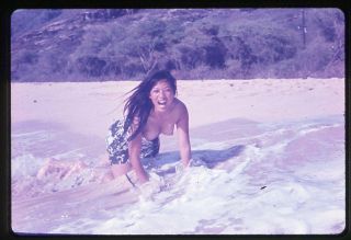 C.  1970 Color Slide - Happy,  Semi - Nude/topless Woman In Hawaiian Surf