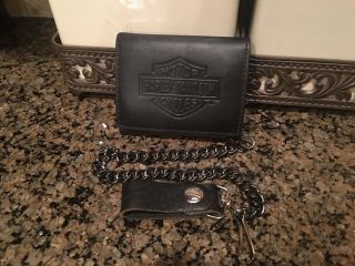 Mens Trifold Leather Harley Davidson Wallet With Chain