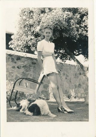 Dc1 Vintage Photo 3x5 - Long Leggy Woman W Dog Spotted Cocker Spaniel Smoking
