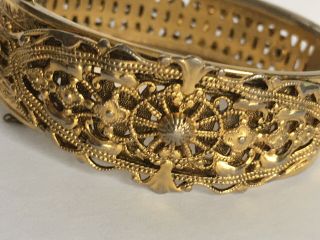 Vintage Wide Gold Tone Hinged Bracelet Filgree Latch Chain Grid Band