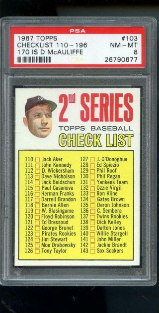 1967 Topps 103 Mickey Mantle Checklist Mcauliffe Psa 8 Graded Baseball Card