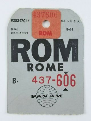 Vintage Pan Am American Airways Luggage Tag Rome Italy 1960s