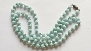 Czech Vintage Art Deco Long Pale Blue Pressed Glass Bead Necklace 3