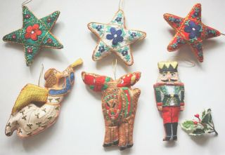 Vintage 6 Embroidered Silk Christmas Ornaments Stars Angel Nutcracker Moose