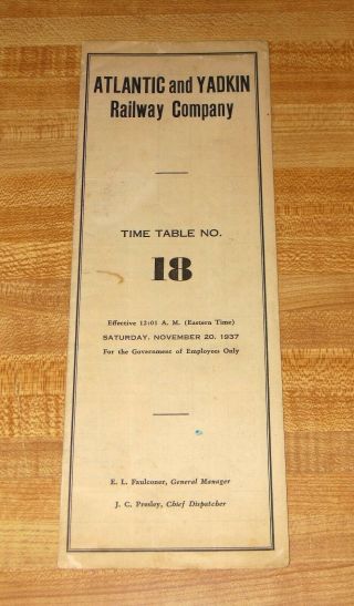 Atlantic And Yadkin Railway Company Employee Timetable No.  18 November 20,  1937