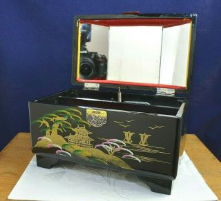 Vintage Oriental Lacquered Jewellery Wood Box Musical Chinese Old Lara Song Tune