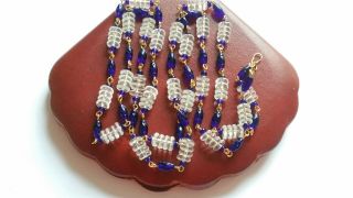Czech Very Long Clear And Royal Blue Glass Bead Necklace Vintage Deco Style
