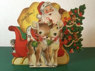 Stand Up Vintage Christmas Card Hallmark Santa Reindeer Sleigh Die Cut 3 D