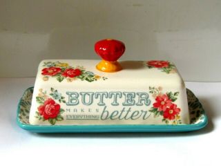Vintage Pioneer Woman Stoneware Covered 1/4 - Pound Butter Dish; Floral Pattern