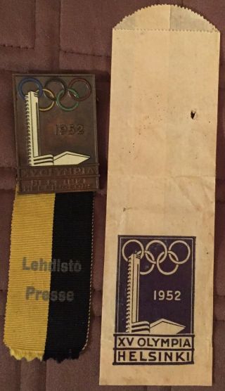 1952 Helsinki Olympic Press Participation Badge / Very Rare / Finland