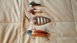 Vintage Fishing Lures X 4 Helin 67 Large Flatfish,  Paul Bunyan Giant Ruby Spoon,