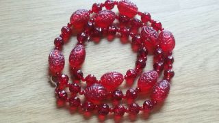 Czech Vintage Art Deco Red Imprint Flower Glass And Early Plastic Bead Necklace