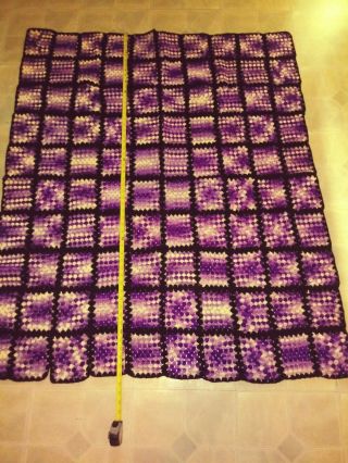 Vintage Hand Crochet Afghan Throw Blanket Purple White Granny Square Tie Dye 53 "