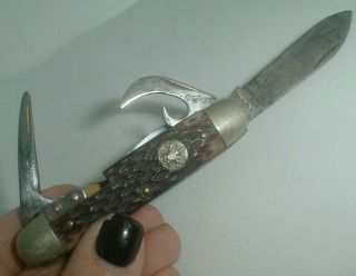 Vintage Boy Scouts Folding Pocket Knife Carved Brown Case 4 Blade Imperial Usa