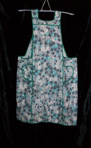 Vintage 40s 50s Full Bib Floral Apron H Back Turquoise & Gray Flowers