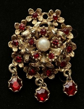 Vintage Gold Tone Red Stone Dangle Flower Brooch 2 " A003