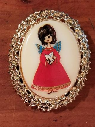 Vintage Christmas Angel Fashion Costume Cameo Brooch Pin Signed Tancer
