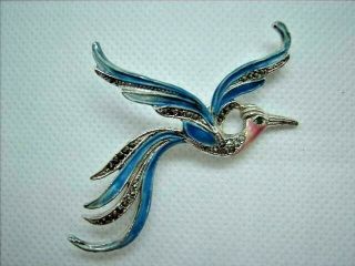 Vintage Jewellery Enamel Marcasite Bird Of Paradise Blue Pink Brooch /pin