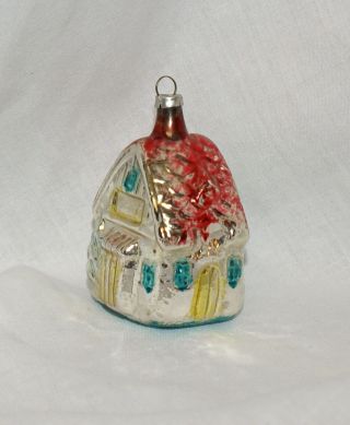 Vintage Christmas Ornament House Mercury Glass With Red Roof & Pine Trees 2.  5 "