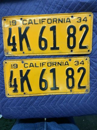 1934 California License Plate Pair (4k 61 82).  Clear To Register.