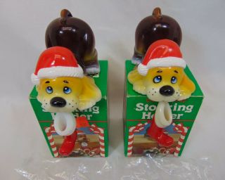 2 Vintage Christmas Pup Dog Stocking Holder Puppy Plastic Giftco 1980s