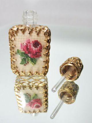 Vintage Miniature Perfume Bottle - Petit Point Roses Inside Golden Filigree Cage