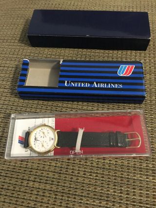 Vintage United Airlines Dual Time 2 Time Zones Watch Leather