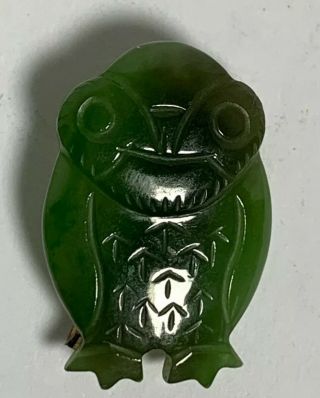 Vintage Fine Old Chinese Carved Green Spinach Jade Owl Bird Brooch Pin