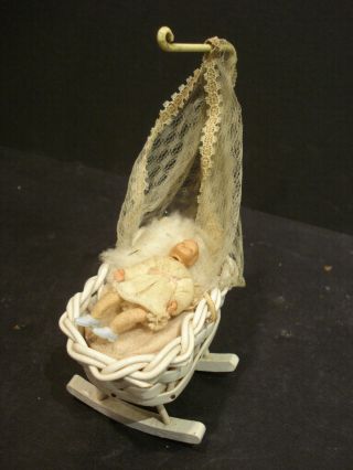 Vintage Dollhouse Miniature Baby Rocking Cradle Bassinet Crib With Baby