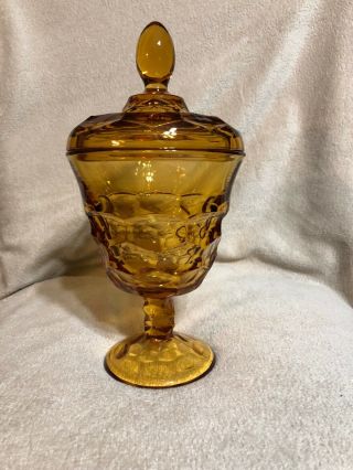 Vintage 9” Amber Glass Pedestal Compote/candy Dish W/lid
