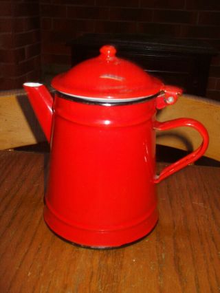 Vintage Retro French Red White Enamel Coffee Pot Holds 1.  Lt Stamped On The Base