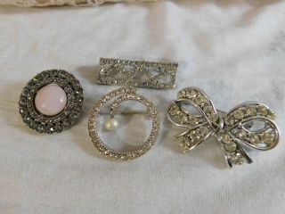 Vintage Set Of 4 Clear Rhinestone Brooch Pins 1928,  Bow,  Cluster,  Bar Pin