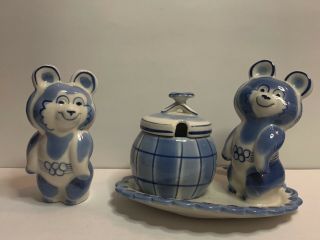 1980 Moscow Olympic Bear & Sugar Bowl Misha Gzhel Porcelain Figure Mascot Ussr