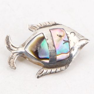 Vtg Sterling Silver - Mexico Taxco Abalone Inlay Tropical Fish Brooch Pin - 3g