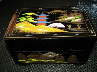 Vintage Black Lacquer Musical Jewelry Box - Pagoda - Mt Fuji - Ballerina - Japan