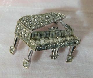 Vintage Clear Glass Rhinestone Grand Piano Pin Brooch 1 1/2 " Pave Set