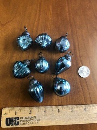 8 Vintage Heavy Glass Kugel Ornaments,  Silvery Light Blue
